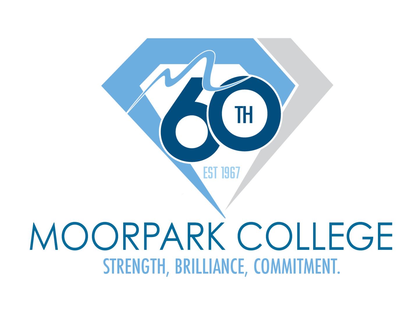 Moorpark College 60th anniversary logo. Logo is in the shape of a diamond with the number 60 inside it. The tagline reads "Strength. Brilliance. Commitment."