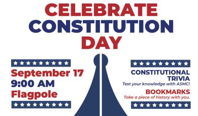 Old Fashioned pen in red, white and blue with type that reads Celebrate Constitution Day Sept 17, 9 am Flagpole